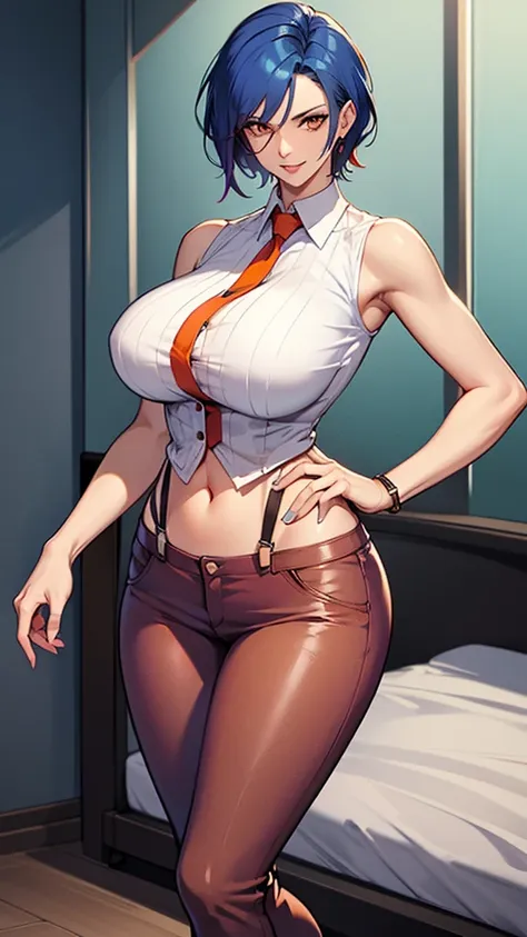 A tall woman, sexy, big breast, beautiful, happy, confident, affectionate, with short bright blue hair and orange eyes, wearing a white sleeveless button-down shirt, showing her navel and dark blue pants underneath, and wearing a red kitten heel.