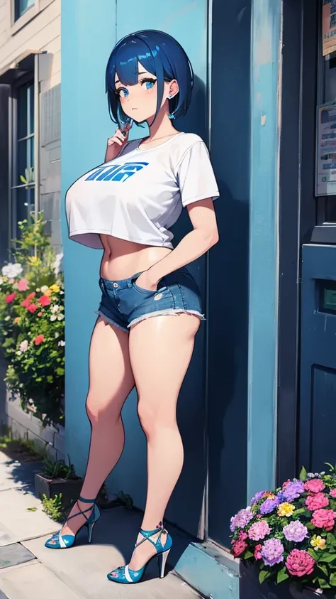 girl, blue hair, blue eyes, short hair, flowers earrings, freckles, big boobs ,white t shirt, mini shorts, white high heels