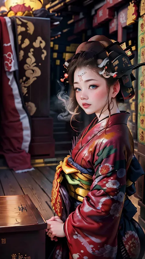 Highest quality、masterpiece、8k、Realistic、超High resolution、Very delicate and beautiful、High resolution、Cinema Lighting、Face close-up、Perfect female body、Opposition、Looking at the audience、((Oiran、Gorgeous kimono、Vibrant colors、embroidery、band、hairpin、(Date ...