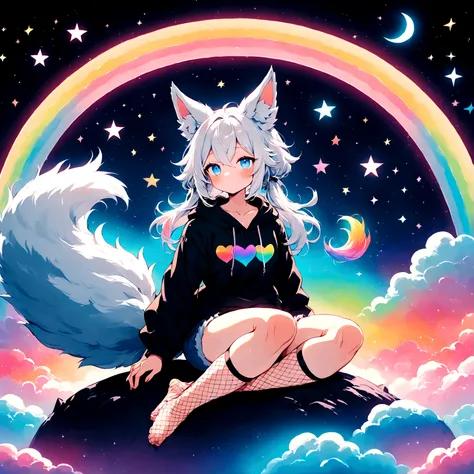 a cute adult male with wolf ears, long white hair, long locks, has a wolf tail, wearing a loose cropped black hoodie, wearing a ...