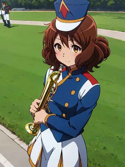 High quality anime、high resolution, Kumiko、Tabletop,band uniform,sunfes marching band uniform,[3D Images:1.5],[[Attractive eyes,Detailed eyes、Shining Eyes, Colorful eyes:1.15],whole、Observe your audience,8K images,Cute Anime Girl