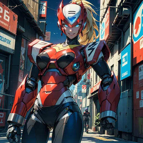 zero_megamanx, ((long blonde hair, ponytail, glowing blue eyes, red and black color armor, makeup, narrow waist, skinny, medium breasts, helmet)), pelvic curtain, ((black panties, red bra)), full body, perfect body, (insanely detailed, beautiful detailed f...