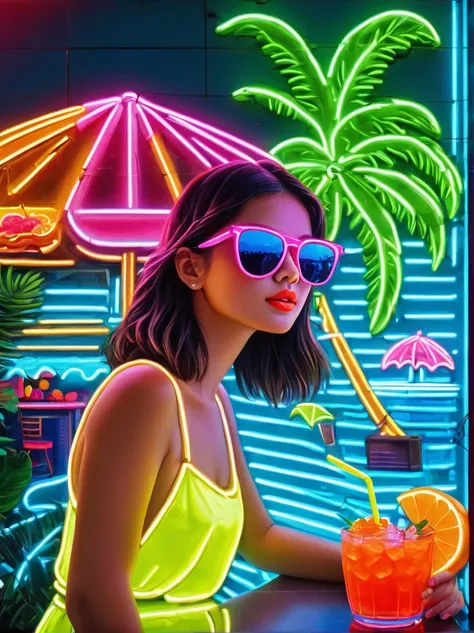 Neon，Shop sign，Tropical scene，Palm tree，Bistro，Fruit drinks，Sea，Cool little girl wearing sunglasses，发光的NeonShop sign，Ultra high saturation，Bright colors