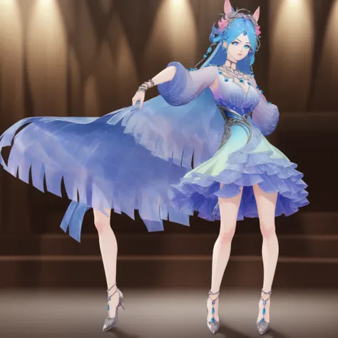 8k,highres,absurdres,masterpiece,best quality,original,extremely detailed CG,extremely detailed wallpaper,perfect lighting,1girl,solo,blurry_background,looking_at_viewer,standing on the stage,
WZRYdiaochanHQG,blue hair,dress,bare legs,long hair,blue eyes,h...