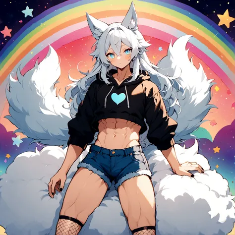 a cute adult male with wolf ears, long white hair, long locks, has a wolf tail, wearing a loose cropped black hoodie, wearing a pair of denim short shorts and fishnet stockings, thick thighs, wide hips, relaxing on mound of fluffy multi colored kawaii plus...