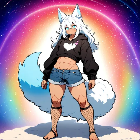 a cute adult male with wolf ears, long white hair, long locks, has a wolf tail, wearing a loose cropped black hoodie, wearing a pair of denim short shorts and fishnet stockings, thick thighs, wide hips, relaxing on mound of fluffy multi colored kawaii plus...