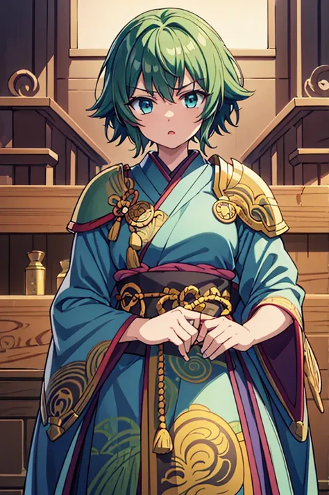 Highest quality, masterpiece, High resolution, alone, （Fire Emblem: Ardan），（Fire Emblem: Genealogy of the Holy War），（short_Hairstyle），Japanese sword，kimono，Great armor、Shogun，（armor）， ((Roaring‗Facial Expressions)) ，（green‗コート），（green_Hair Color），Young Gir...