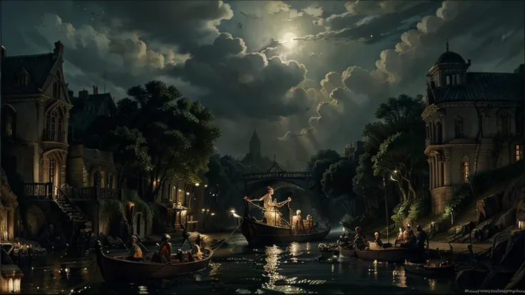 orpheus arriving on the bank of the river styx, with a boatman, in the underworld