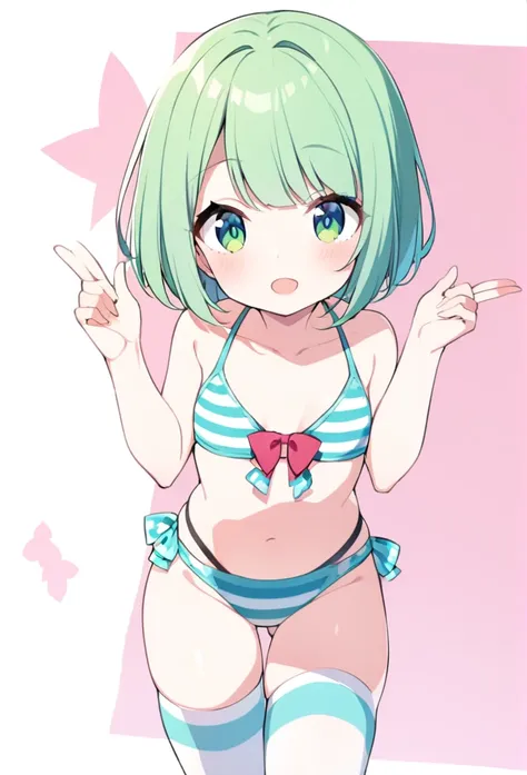 1 girl, cute, young, green hair, bob haircut, green eyes, swimsuit, thigh high,