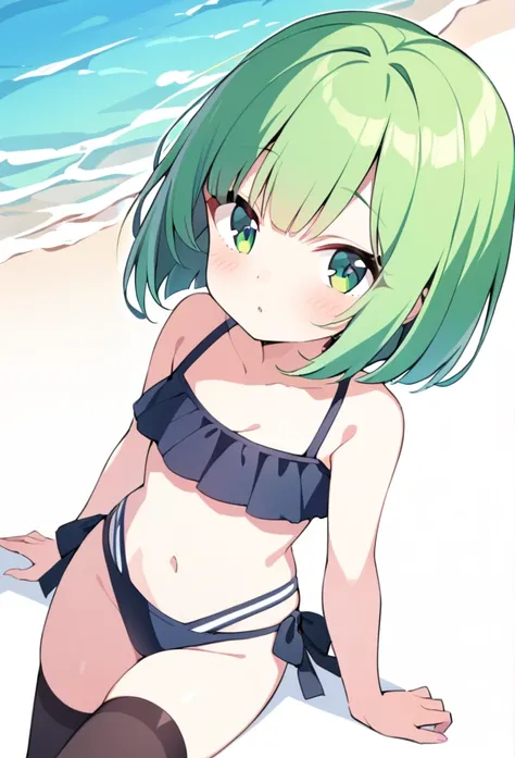 1 girl, cute, young, green hair, bob haircut, green eyes, swimsuit, thigh high,