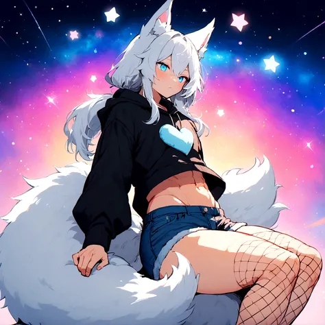 a cute adult male with wolf ears, long white hair, long locks, has a wolf tail, wearing a loose cropped black hoodie, wearing a pair of denim short shorts and fishnet stockings, thick thighs, wide hips, relaxing on mound of fluffy multi colored kawaii plus...