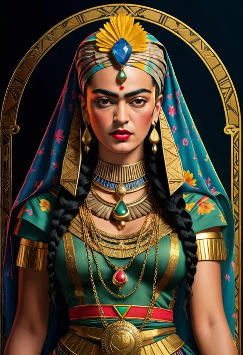 Frida Kahlo as a Tarot Card: score_9, score_8_up, score_7_up, score_6_up, score_5_up, [ ACOCleopatra],[Black Hair],Cleopatra from Assassins Creed Origins,[Jewelry],[ancient Egypt],4k,sharp image,detailed, sexy, extremely detailed artgerm, (masterpiece, bes...