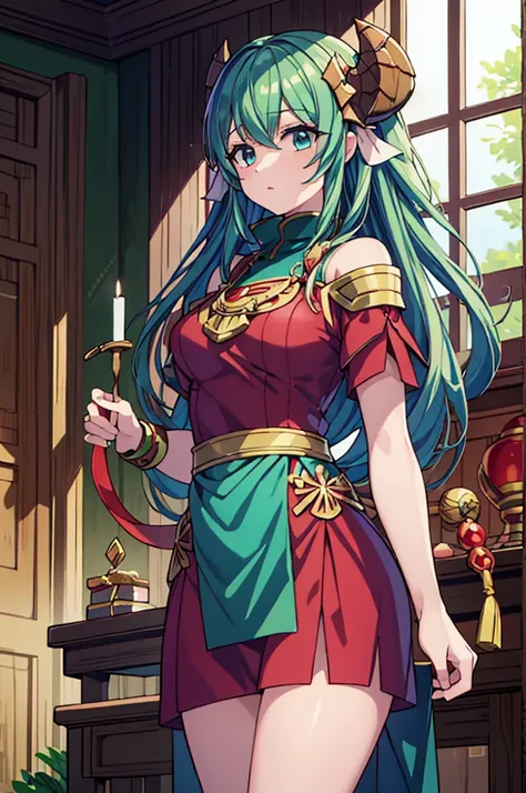 Highest quality, masterpiece, High resolution, alone, （Fire Emblem Tiki），（Fire Emblem: Mystery of the Emblem），Dragon&#39;s Wing，Japanese sword，kimono，Great armor、Shogun，（armor），（green‗コート），（green_Hair Color），Young Girl，Anime Style, Highest quality, 4k, mas...