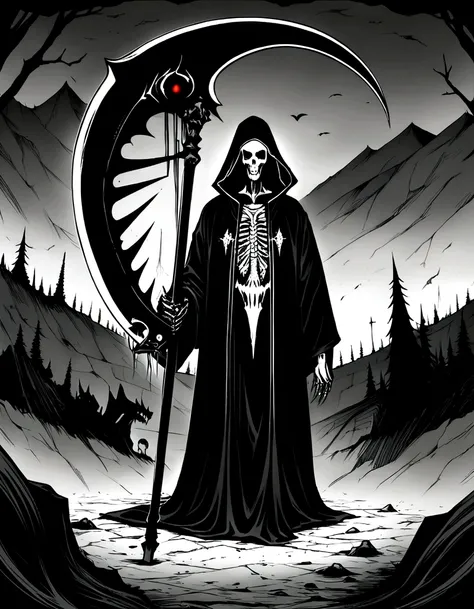 black and white drawing of a grimy grimy character holding a scythe, scythe design, mark riddick, just art for dark metal music, black metal band logo, grim reaper, scythe, detailed cover artwork, reaper, black metal logos, grim, the grim reaper, vvitch, e...