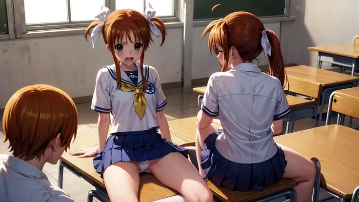 Highest quality,Highest quality,One girl,10 years old,Mouth closed,orgasm,blush, Sweat,Nanoha Takamachi,Takamati Nanoha,Twin tails,Hair Ribbon,((One Piece Uniform:1.3)),classroom、White panties、Squat、Look at this、skirt