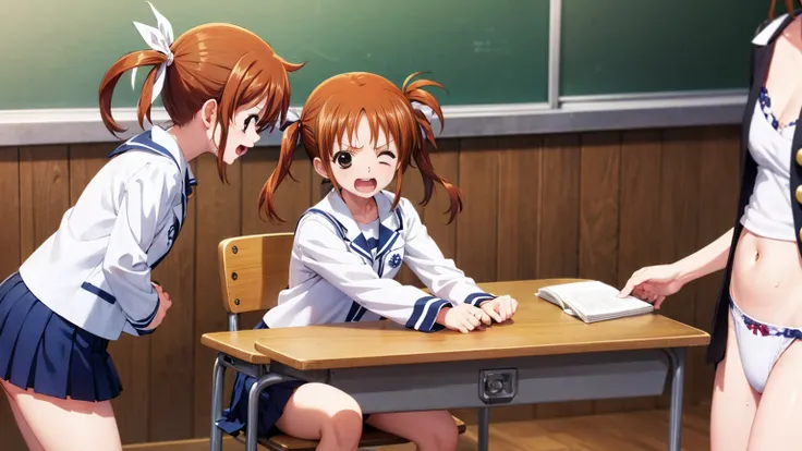 Highest quality,Highest quality,One girl,10 years old,Mouth closed,orgasm,blush, Sweat,Nanoha Takamachi,Takamati Nanoha,Twin tails,Hair Ribbon,((One Piece Uniform:1.3)),classroom、White panties、Squat、Look at this、skirt