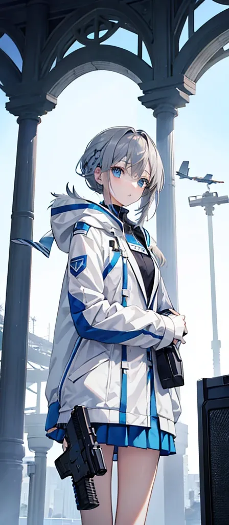 Girl，Gray Hair，Blue Eyes。Carrying two long columns，White jacket on upper body，Blue miniskirt，Technology，flat chest，Holding a gun，Airplane anthropomorphism。