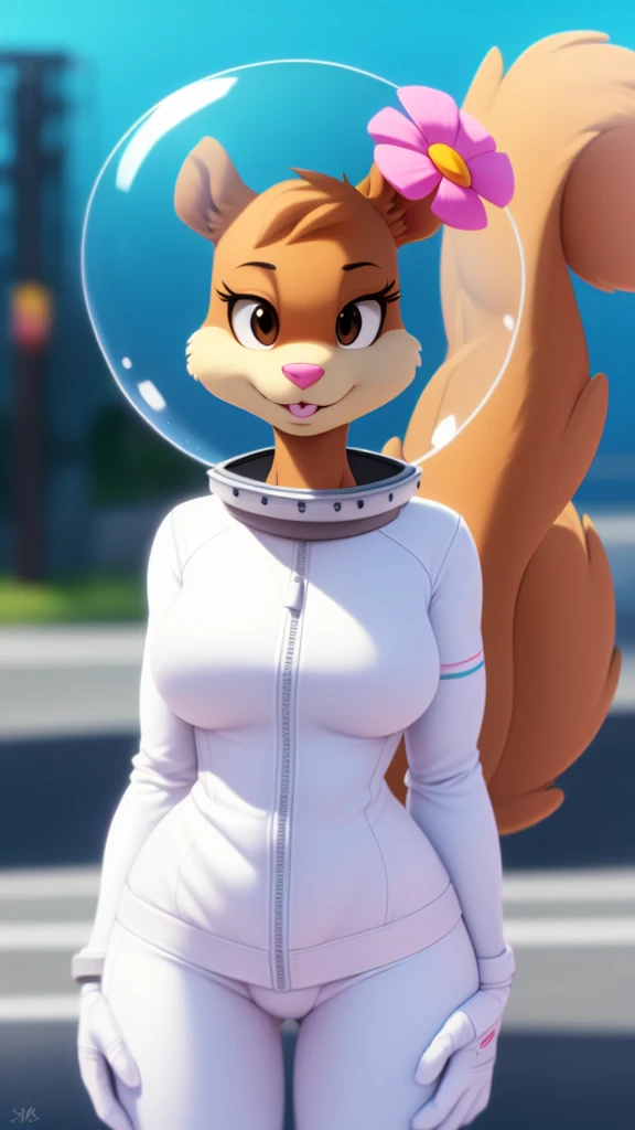 sandy-cheeks, (bubble helmet:1.3), furry female anthro, squirrel girl, portrait, (hair flower:1.1), (white skinsuit:1.2), solo, ...