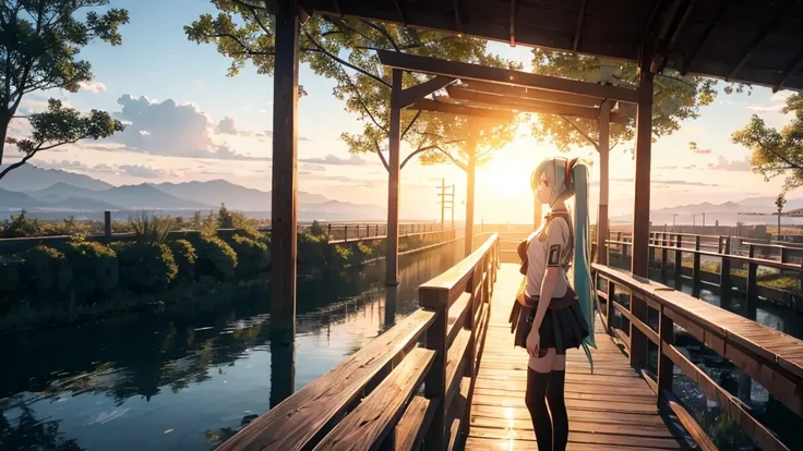 Hatsune Miku standing on a wooden bridge illuminated by the setting sun。She stared into the distance、I&#39;m reminiscing on fond memories。Surrounded by a quiet lake、Her hair is blowing in the wind。This scene is、It has a calm and emotive atmosphere that con...