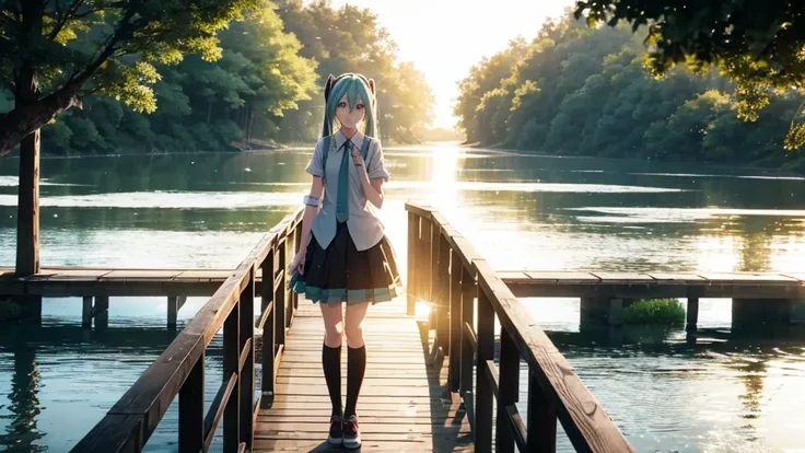 Hatsune Miku standing on a wooden bridge illuminated by the setting sun。She stared into the distance、I&#39;m reminiscing on fond memories。Surrounded by a quiet lake、Her hair is blowing in the wind。This scene is、It has a calm and emotive atmosphere that con...