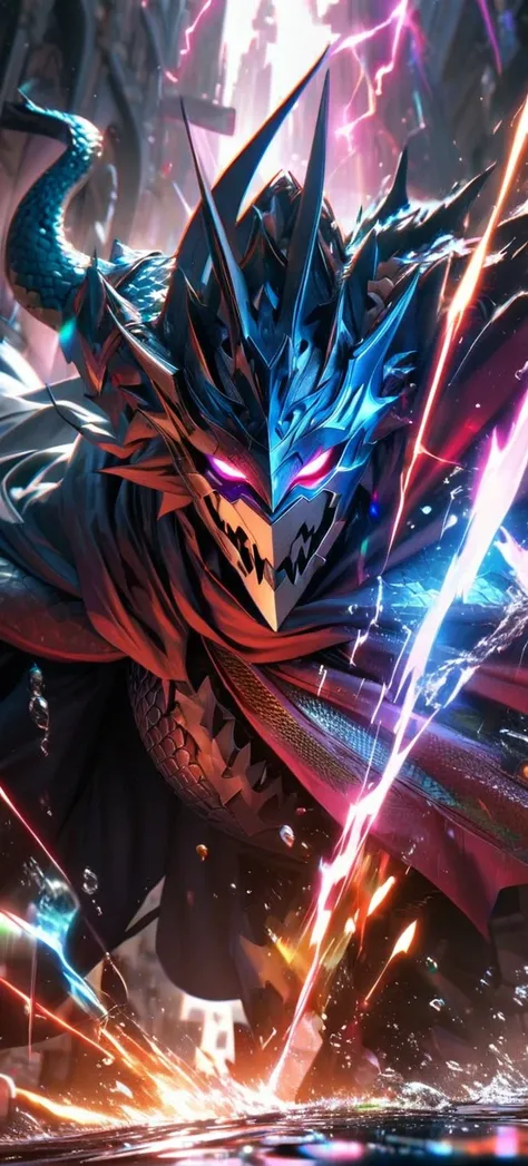  High quality, ultra realistic,absurdres, highres, ultra detailed, HDR, masterpiece, extremely detailed face and eyes,  dragon knight , solo, ,man, handsome, ,dragon knight mask , Epic fight scene, colorful splashing effect, colorful lightning  effect,glow...