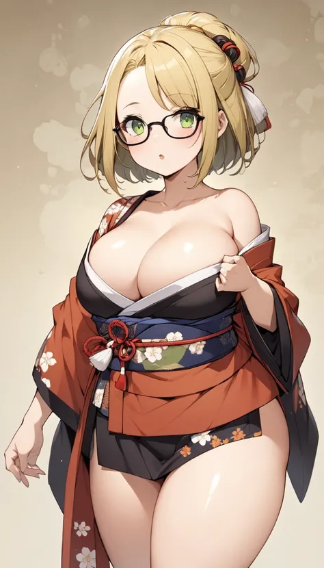 chubby girl, blonde, green eyes, medium length hair, open forehead, glasses with black square frames Japanese clothing style, ancient japan, bare chest, bare thighs