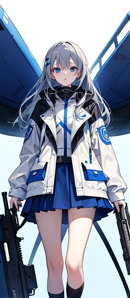 Girl，Gray Hair，Blue Eyes。Carrying two long columns，White jacket on upper body，Blue miniskirt，Technology，flat chest，Holding a gun，Airplane anthropomorphism。