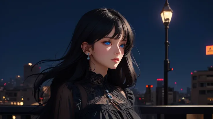 ultra-detailed, beautiful eyes, detailed eyes, detailed face, ultra-detailed, beautiful eyes, Black medium hair, high angle shot, A woman with beautiful blue eyes,  looking at the city nightscape on a lonely night, profile, black casual loose-fitting dress...