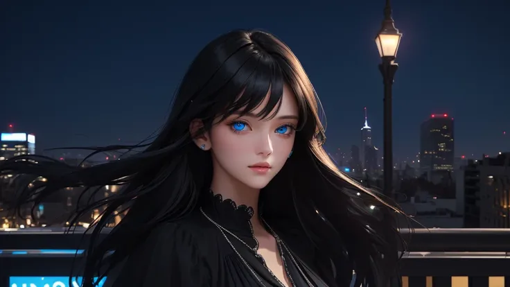 ultra-detailed, beautiful eyes, detailed eyes, detailed face, ultra-detailed, beautiful eyes, Black medium hair, high angle shot, A woman with beautiful blue eyes,  looking at the city nightscape on a lonely night, profile, black casual loose-fitting dress...