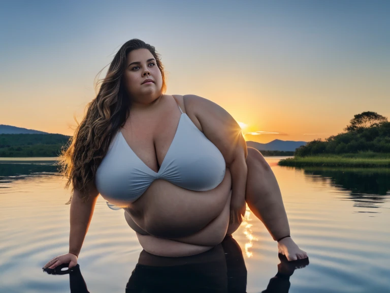 Rule_of_thirds, 1 girl, extremely obese, (obese belly):1.7, (obese legs):1.5, fat rolls, SSBBW Adeline body, Serene expression, mesmerizing eyes, gorgeous supermodel face, straight long blonde hair, flowing dress, poised posture, porcelain skin, subtle blu...