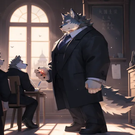 masterpiece,ultra-detailed,illustration,detailed lighting,(1 anthro wolf furry character:1.1),(Wolfs facial features:1.1),(Magic academy teacher:1.2),(Completely black fur:1.3),santhropomorphic,piercing eyes,black tie,buttoned up all the way,moonlit interi...