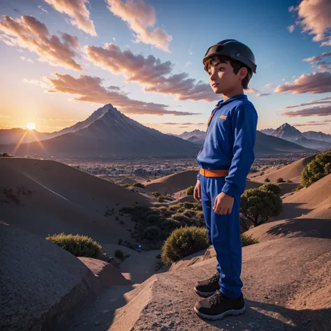 roblox boy is in the middle of a future city with high mountains and beautiful blue-orange sunset sunlight (image quality 8k 5D) realistic, futuristic,