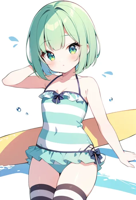 1 girl, cute, young, green hair, bob haircut, green eyes, swimsuit, thigh high,