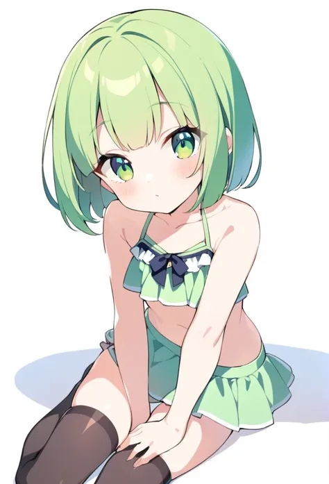 1 girl, cute, young, green hair, bob haircut, green eyes, swimsuit, thigh high,