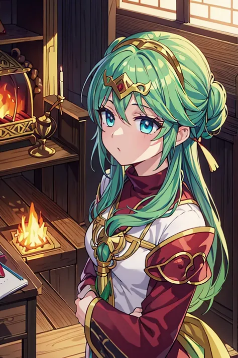 Highest quality, masterpiece, High resolution, alone, （Fire Emblem Tiki），（Fire Emblem: Mystery of the Emblem），Dragon&#39;s Wing，Japanese sword，kimono，Great armor、Shogun，（armor），（green‗コート），（green_Hair Color），Young Girl，Anime Style, Highest quality, 4k, mas...