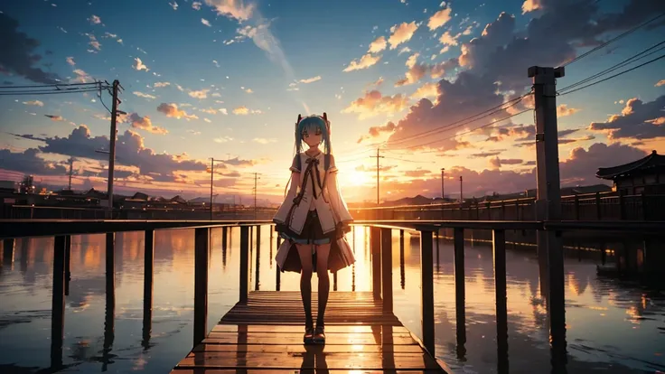 Hatsune Miku standing on a wooden bridge illuminated by the setting sun。She stared into the distance、I&#39;m reminiscing on fond memories。Surrounded by a quiet lake、Her hair is blowing in the wind。This scene is、It has a calm and emotive atmosphere that con...