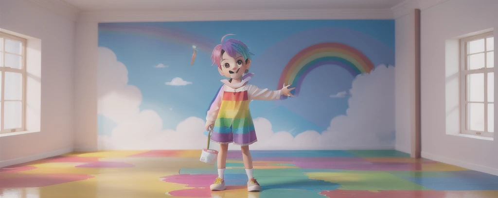 Young girl, straight rainbow-colored hair, colorful clothes, smile on her face, environment with paint-colored floor, empty sky, high-quality image 1.