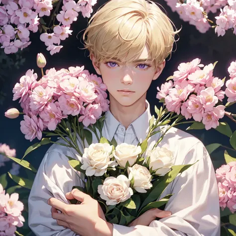 1boy holding a bouquet of pink and white flowers, handsome and delicate face, ((soft purple eyes)), ((blonde hair)), background all white, (natural skin texture), (regular lighting) (hyperrealism:1.2), focused,[[realistic]]