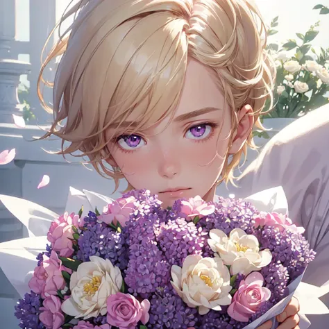 1boy holding a bouquet of pink and white flowers, handsome and delicate face, ((soft purple eyes)), ((blonde hair)), background all white, (natural skin texture), (regular lighting) (hyperrealism:1.2), focused,[[realistic]]