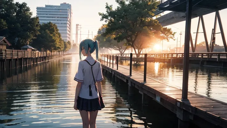 Hatsune Miku standing on a wooden bridge illuminated by the setting sun。She stared into the distance、I&#39;m reminiscing on fond memories。Surrounded by a quiet lake、Her hair is blowing in the wind。This scene is、It has a calm and emotive atmosphere that con...