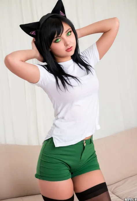 cat-girl, 18 years, confused, with jet black hair, big green eyes and cat ears, nervously fiddling with the hem of a white t-shi...