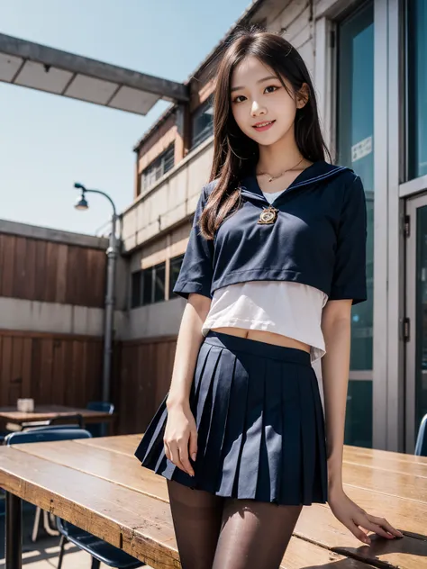 very cute and beautiful girl,(Very delicate and beautiful face and eyes:1.2),
smile,Black Hair,Sailor ,Navy blue pleated mini skirt,(From below),Thick black pantyhose、,
summer,School rooftop,building,Chain link fence,
(Highest quality,Tabletop:1.2),Intrica...