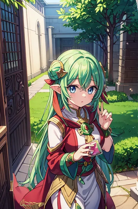 Highest quality, masterpiece, High resolution, alone, （Fire Emblem Tiki），（Fire Emblem: Mystery of the Emblem），Dragon&#39;s Wing，Japanese sword，kimono，Great armor、Shogun，（armor），（green‗コート），（green_Hair Color），Young Girl，Starry Sky_background，Anime Style, Hi...