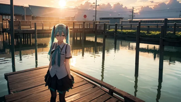 Hatsune Miku standing on a wooden bridge illuminated by the setting sun。She stared into the distance、I&#39;m reminiscing on fond memories。Surrounded by a quiet lake、Her hair is blowing in the wind。This scene is、It has a calm and emotive atmosphere that con...