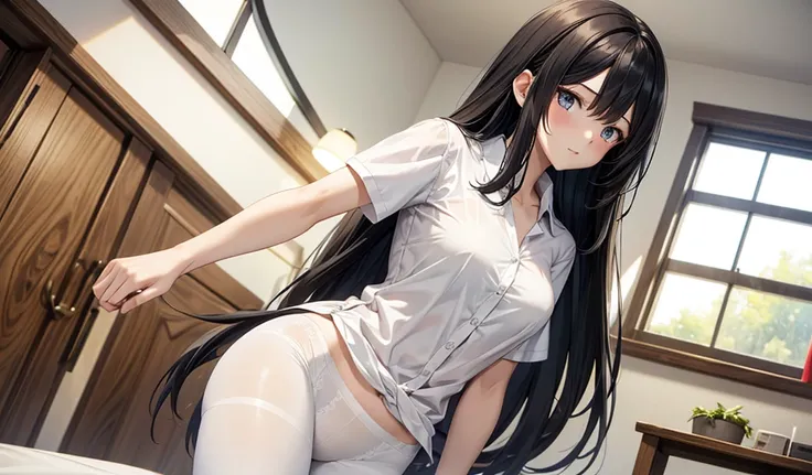 Black long straight hair woman，White short sleeve open collar shirt top，，underwear，white pantyhose，Standing，indoor