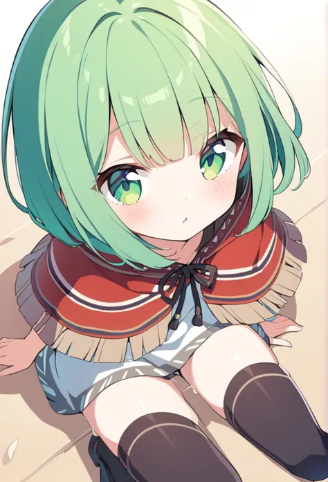 1 girl, cute, young, green hair, bob haircut, green eyes, poncho, thigh high,