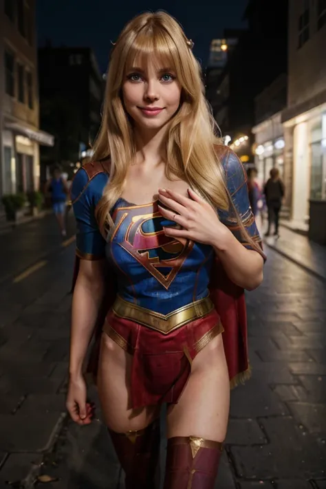 1 girl ((dressed as supergirl)),beautiful pretty Realistic supermodel,(blue eyes),(She is smiling),perfect face,split lips,(Best quality, 8k, Masterpiece: 1.3), perfect hands, clear focus : 1.2, perfect body beauty: 1.4, slim abdomen: 1.2, highly detailed ...