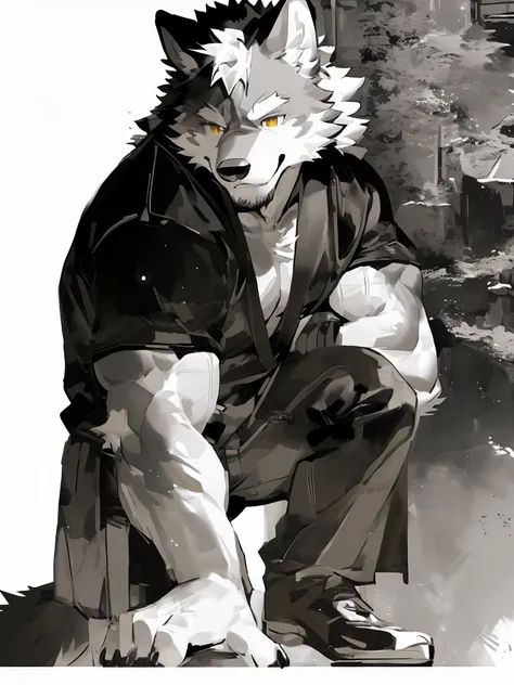 (dark skin的wolf),(black and white yin and yang general battle robe),(holding a long sword),strong stance,half squat,(背景是一个黑雾缭绕的c...