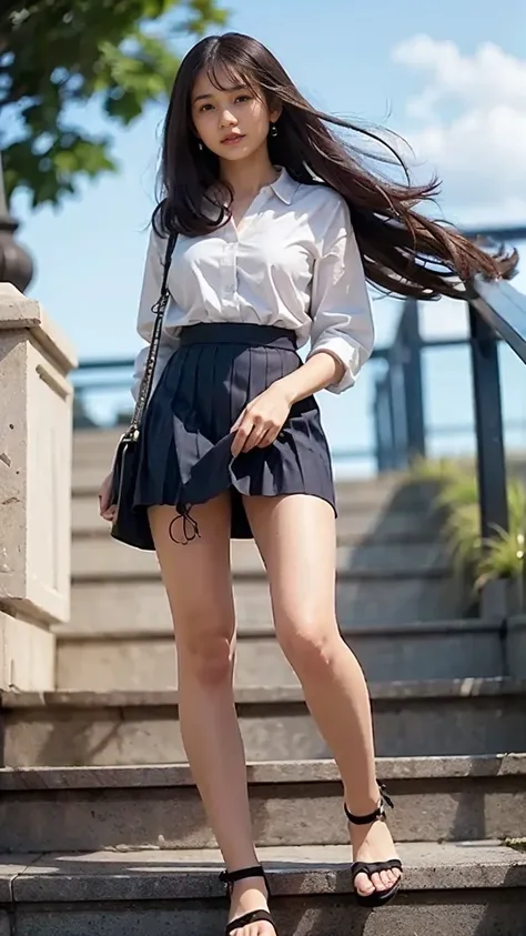 ((Viewing angle from below、Highest quality、masterpiece、32K、Every detail))、Descend the outdoor stairs、commute、Systemic symptoms、Traditional navy blue sailor uniform、White blouse、Pleated skirt、(((A strong wind blows my hair and skirt away:1.62)))、(( I always...