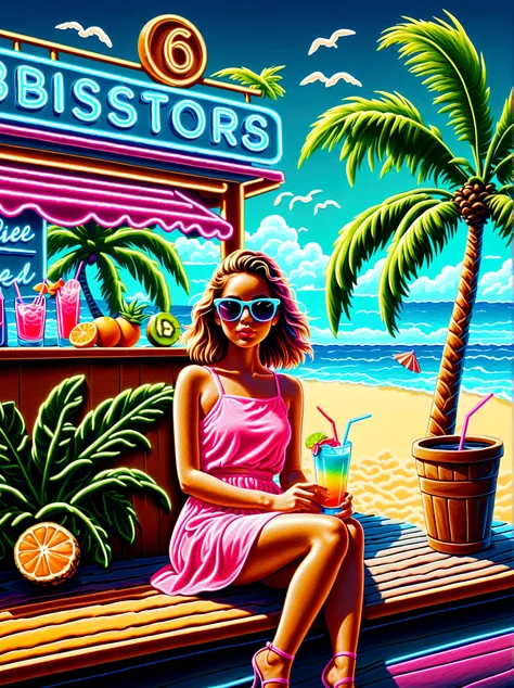 neon，shop sign，tropical scene，palm tree，bistro，fruit drinks，sea，cool little girl wearing sunglasses，发光的neonshop sign，ultra high ...